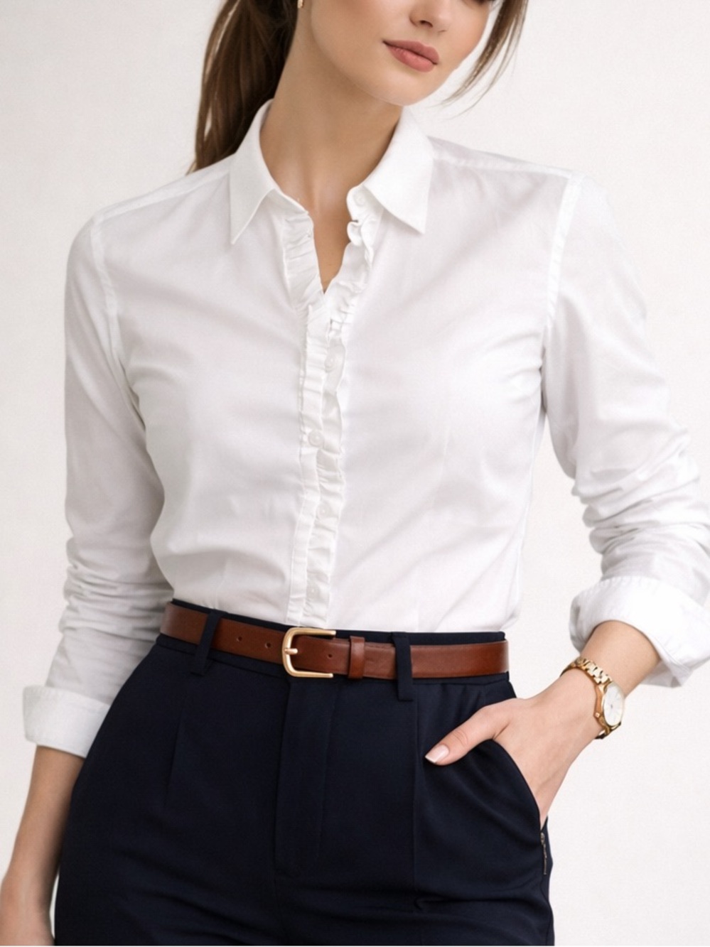 Brooks Brothers White Ruffles No Iron Cotton Preppy Blouse Workwear Quiet Luxury